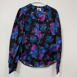 Western Collection Vintage 80s Abstract Geometric Print‎ Blouse Black Purple USA